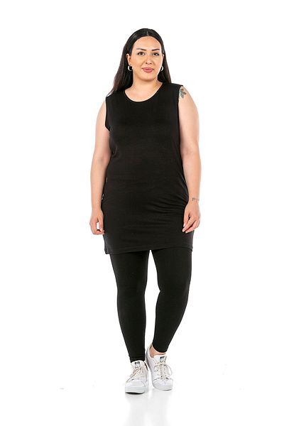 DISENTIS MODEST Large Size Round Neck Thick Strap Viscose Long Black Body