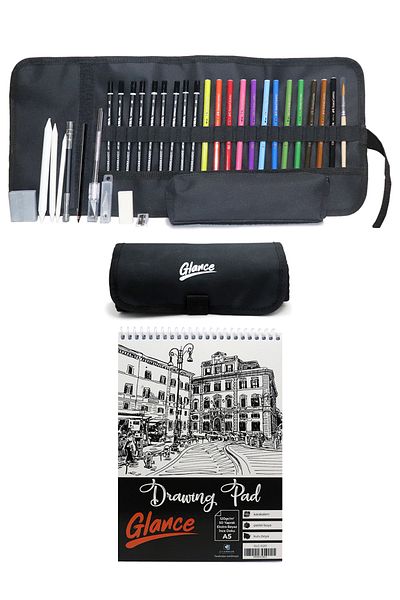 GLANCE Sketchbook A5 120 gr 50 Yp Faber Watercolor Dry Paint Lyra Charcoal Sketch Set with Roll Cloth Bag