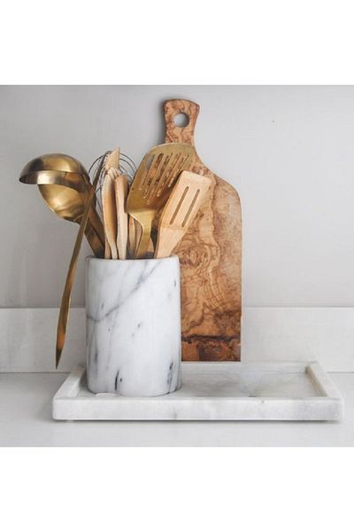 Sümeyra Marble Art Bella - Organizator de bucătărie din marmură albă Moire gri |   Set de 2 |   Tava din marmura 20*30cm |   Suport pentru lingura de marmura