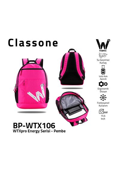 Classone سلسلة الطاقة Bp-wtx106، قماش مقاوم للماء، كمبيوتر محمول مقاس 15.6 بوصة، حقيبة ظهر للكمبيوتر المحمول - وردي