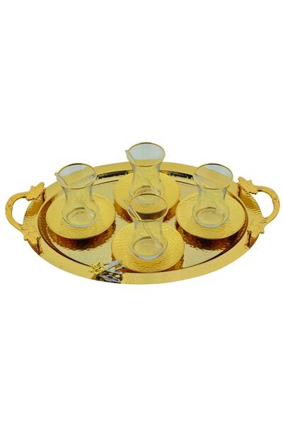 HitDukkan Zamak Üzeri Altın Renk Kaplamalı Dövme Motifli 13 Parça Çay Seti