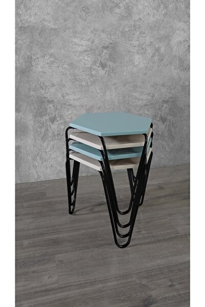 Veys Sehpa 4 Lü Piramit Zigon Sehpa - Siyah Ayaklı - Krem - Mavi