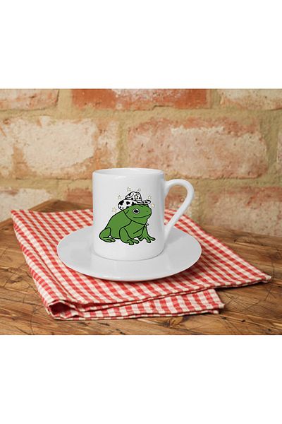 Kumbara Hediyelik Green Frog Printed White Turkish Coffee Cup