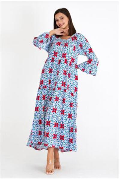 AYASOFYA OTANTIK Γυναικείο Μακρύ Φόρεμα με Λουλούδια Λευκό - Μπλε Λουλούδι με μανίκια