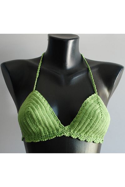 chacklin Neck And Back Tied Triangle Crochet Knit Special Design Handmade Bikini Top Green