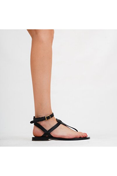 DaphneSandals Hakiki Deri Kadın Siyah Bodrum Sandaleti 2054