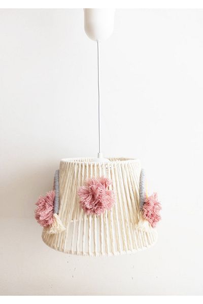 C&A&B KUZEY AVİZE Macrame Rope Wrap - Rainbow Pattern, Pink, Pompom Chandelier for Baby Girl and Children's Room (28)