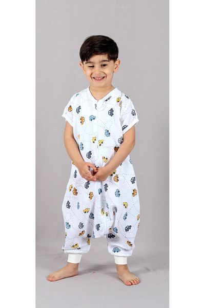 DİDABABY 24-26 Degree Car Patterned Muslin Spring Short Sleeve Sleeping Bag
