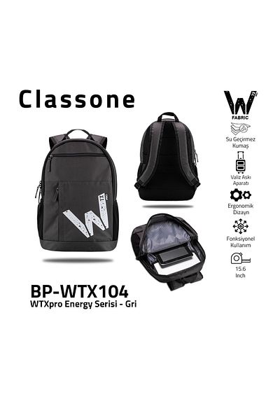 Classone سلسلة الطاقة Bp-wtx104، قماش مقاوم للماء، كمبيوتر محمول مقاس 15.6 بوصة، حقيبة ظهر للكمبيوتر المحمول - رمادي