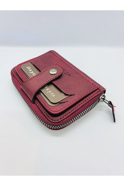 MKM Nubuck Leather Zippered Unisex Claret Red Card Holder Wallet
