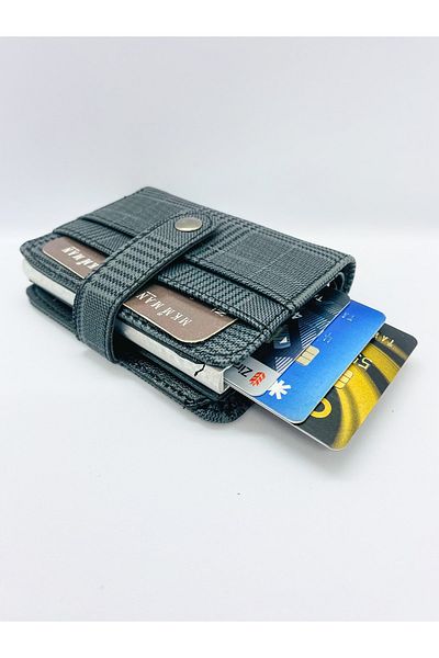 MKM Plaid Patterned Automatic Mechanism Anthracite Gray Men's Card Holder Wallet