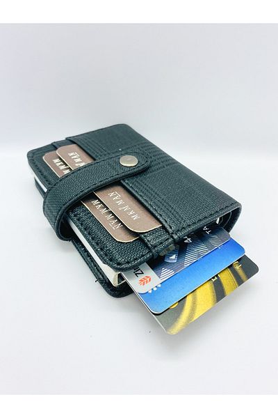 MKM Plaid Patterned Black Men's Card Holder Wallet with Automatic Mechanism