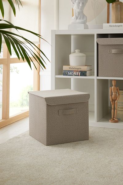 Ocean Home Textile Beige Textured Covered In-Cabinet Laundry Toy Organizer Folding Storage Box 30x30x30