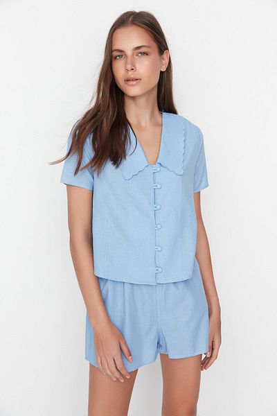 Trendyol Collection Set de pijamale țesute cu guler albastru 100% bumbac cu pantaloni scurți THMSS22PT0179
