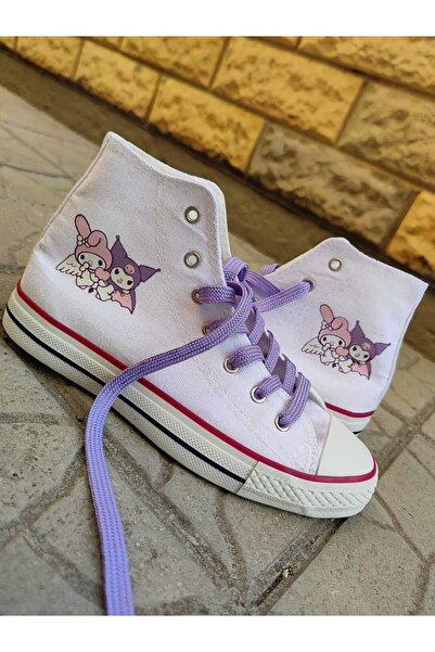 MECH BUTİK Unisex Günlük Kadın-erkek Siyah&beyaz Bilekli My Melody&kuromi Baskılı Sneaker Keten Spor Ayakkabı