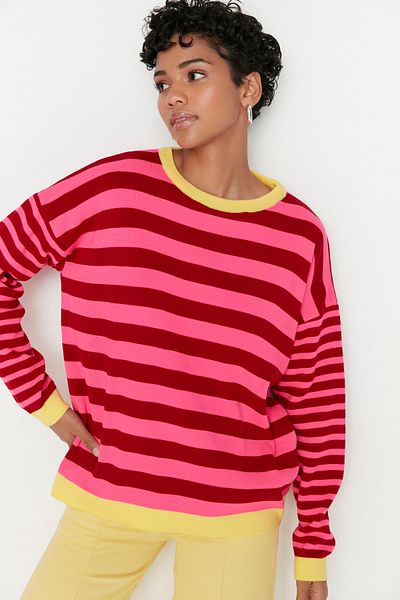 Trendyol Collection Mustár széles szabású színes blokkolt pulóver TWOAW23KZ00274