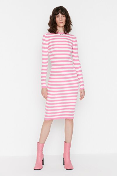 Trendyol Collection Pink Pink Body-Fitting Mini Knitwear Striped Dress TWOAW23EL00018 Dress TWOAW23EL00018