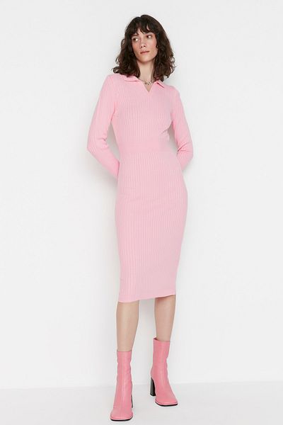Trendyol Collection Pink Midi Knitwear Polo Neck Dress TWOAW22EL1376