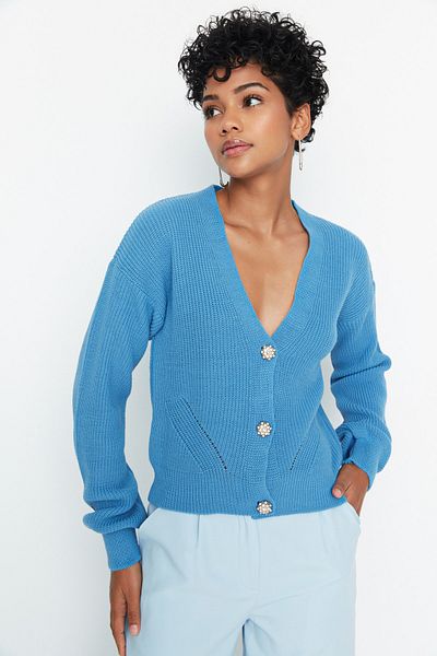 Trendyol Collection Blue Button Detailed Knitwear Cardigan TWOAW23HI00253