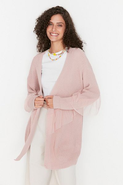Trendyol Collection Strick-Midi-Cardigan mit Tüll-Details - Puder TWOAW20FV0048