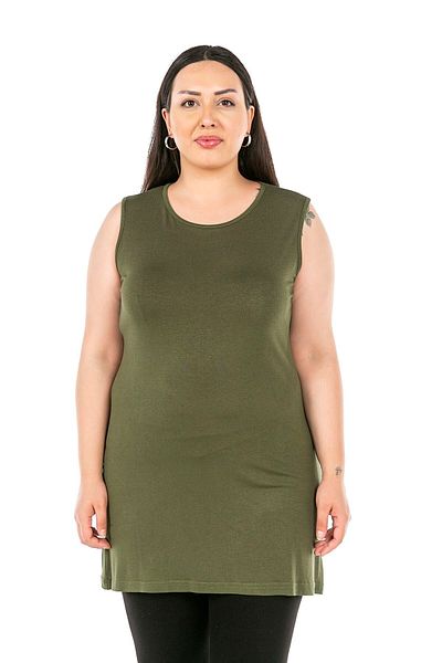DISENTIS MODEST Large Size Round Neck Thick Strap Viscose Long Khaki Body