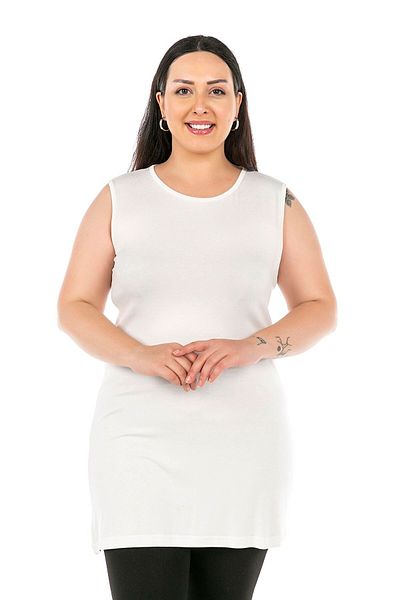 DISENTIS MODEST Large Size Round Neck Thick Strap Viscose Long Ecru Body