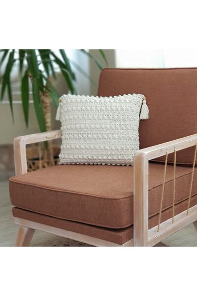 Limenis Örgü Dekoratif Kırlent Ekru / Etnik Kırlent Kılıfı / Bahçe Balkon Isk...