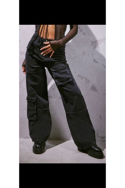 Gofeel Παντελόνι Unisex μαύρου χρώματος Cargo με φαρδύ πόδι