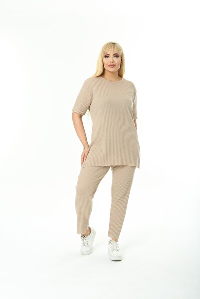 Kuiye Kadın Kısa Kollu Beli Lastikli Rahat Kalıp Ikili Pamuklu Kaşkorse Takım