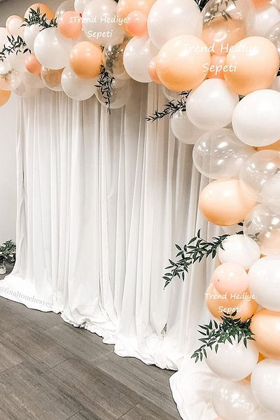 Trend Hediye Sepeti Macaron Pastel Salmon Peach - White Transparent Balloon Chain