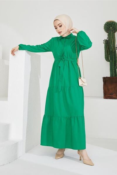 benguen Πράσινο φόρεμα Hijab με γιακά 427 πουκάμισου