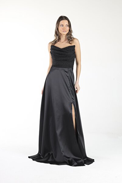 ALİS DRESS Siyah Üst Kısmı Simli Saten Abiye