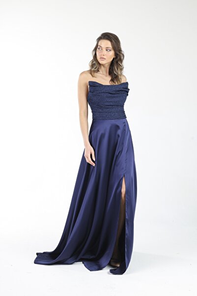 ALİS DRESS Lacivert Üst Kısmı Simli Saten Abiye