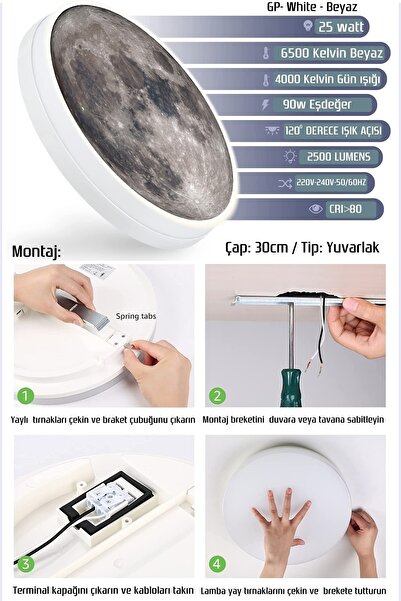 Gökyüzü Panel Moon,led Aplik,30cm Çap Led 25watt, Modern,duvar Aplik,led, Yatak Odası Aplik,yatak Başı Aplik, New