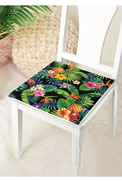 Nish & Royal Black Background Geometric Leaves Patterned Zippered Chair Cushion