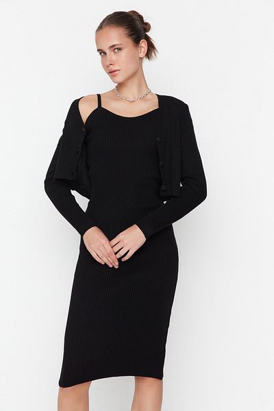 Trendyol Collection Midi délka černý pletený svetr a šaty - TWOSS21EL0208