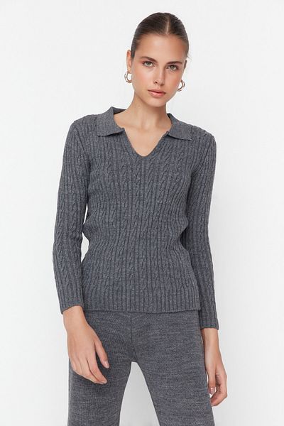 Trendyol Collection Anthracite Hair Braid Detailed Knitwear Top and Bottom Set TWOAW23AU00024