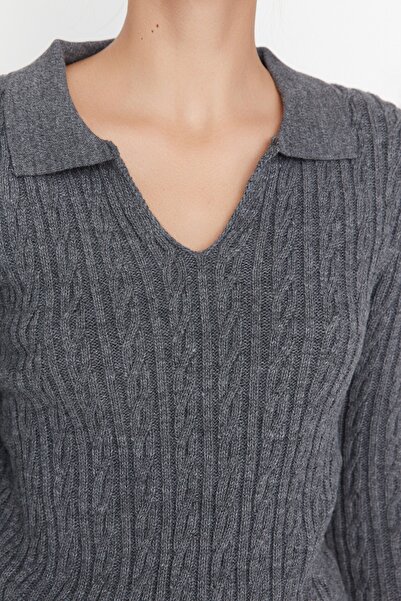 Trendyol Collection Anthracite Hair Braid Detailed Knitwear Top and Bottom Set TWOAW23AU00024