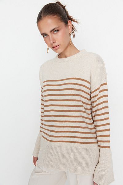 Trendyol Collection Beiger Strickpullover mit Streifen in weiter Passform TWOAW23KZ01031