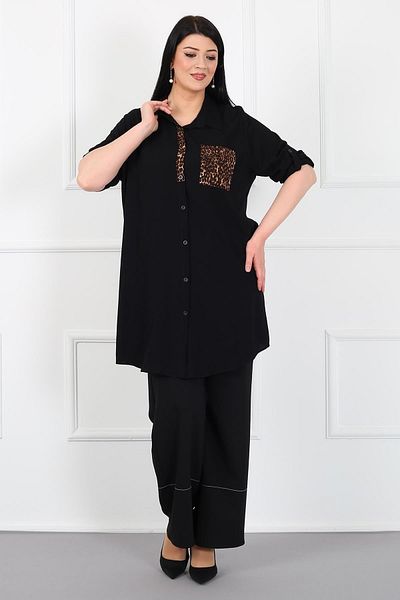 By Alba Collection Women's Black Leopard Pocket Cotton Viscose Large Size Tunic