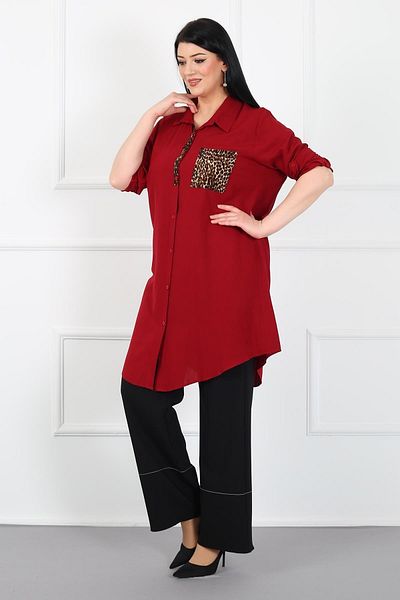 By Alba Collection Women's Burgundy Leopard Pocket Cotton Viscose Large Size Tunic