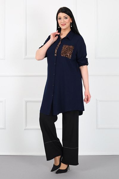 By Alba Collection Women's Navy Blue Leopard Pocket Cotton Viscose Large Size Tunic