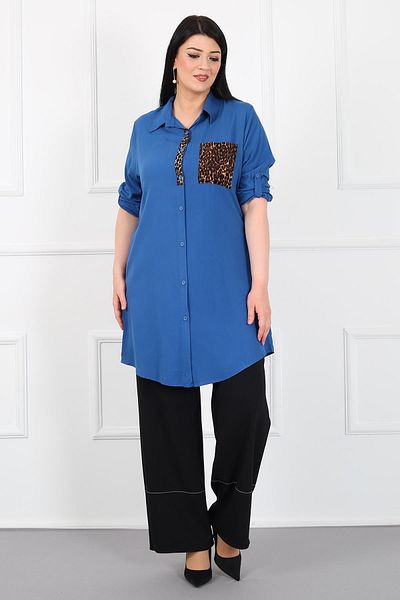 By Alba Collection Women's Indigo Leopard Pocket Cotton Viscose Large Size Tunic