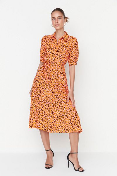 Trendyol Collection Orange Floral Pattern Belted Midi Woven Viscose Shirt Dress TWOSS20EL1559