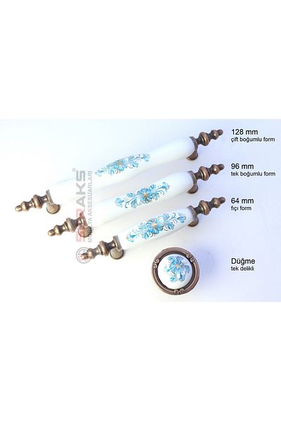 SERAKS MOBİLYA AKSESUARLARI 96 mm - (9.6 cm) Real Porcelain Handle - Copper End Blue Flower Pattern