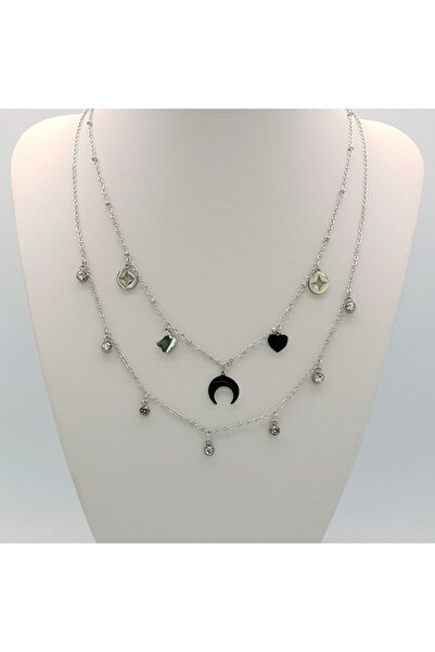 AKSESUARIM قلادة نسائية متعددة من الفولاذ بتفاصيل هلالية وأحجار الزركون