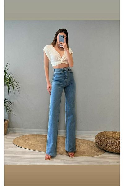 Trn JNS Pantaloni Palazzo cu blugi largi cu talie super înaltă din Lycra albastră din anii 90. (super Înalt) Picior Lat