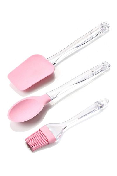 Pazarika 3 Piece Plastic Handled Silicone Spoon - Spatula - Brush Set Pink