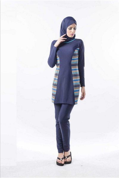 Seamark Navy Blue Disc Patterned Hijab Swimsuit (Bone and Scarf is Turquoise.)