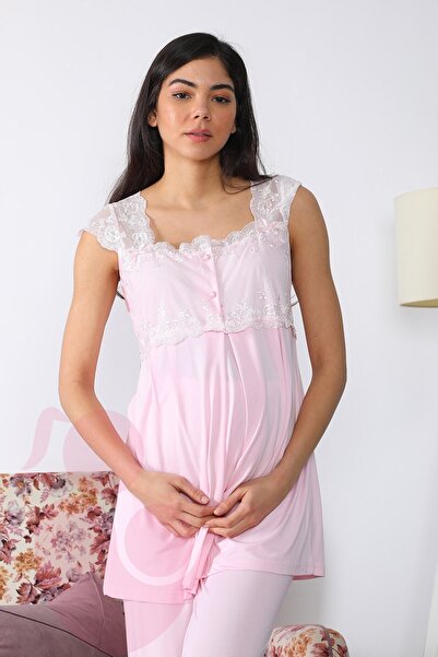lohusahamile Maternity 2501 Pink Maternity Pajama Set with Long Dressing Gowns
